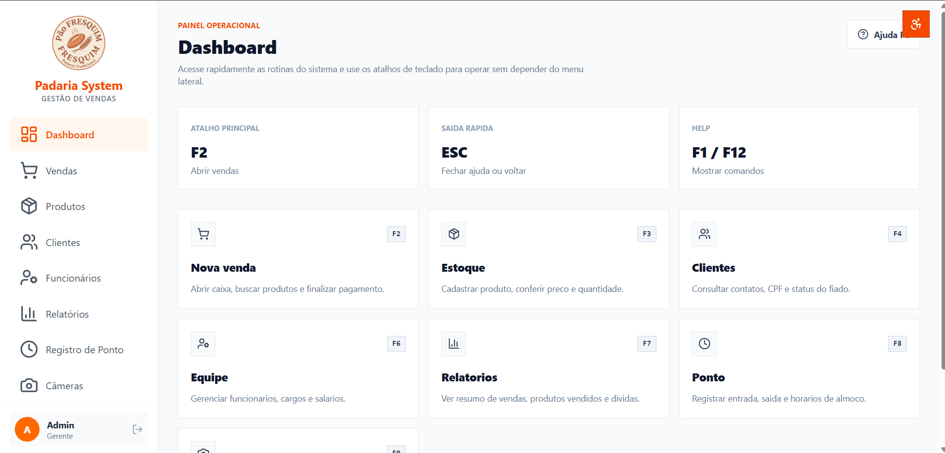 Tela do sistema de gestão de padaria